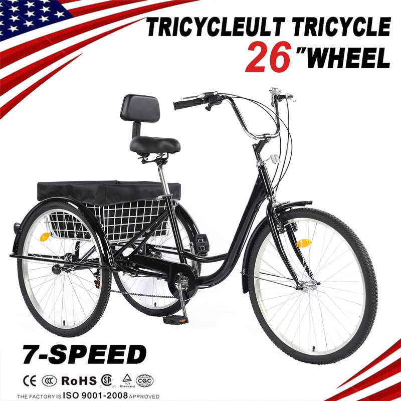 Adult Tricycle 26'' 7-Speed 3 Wheel Black Trike​ Comfortable 3-Wheels