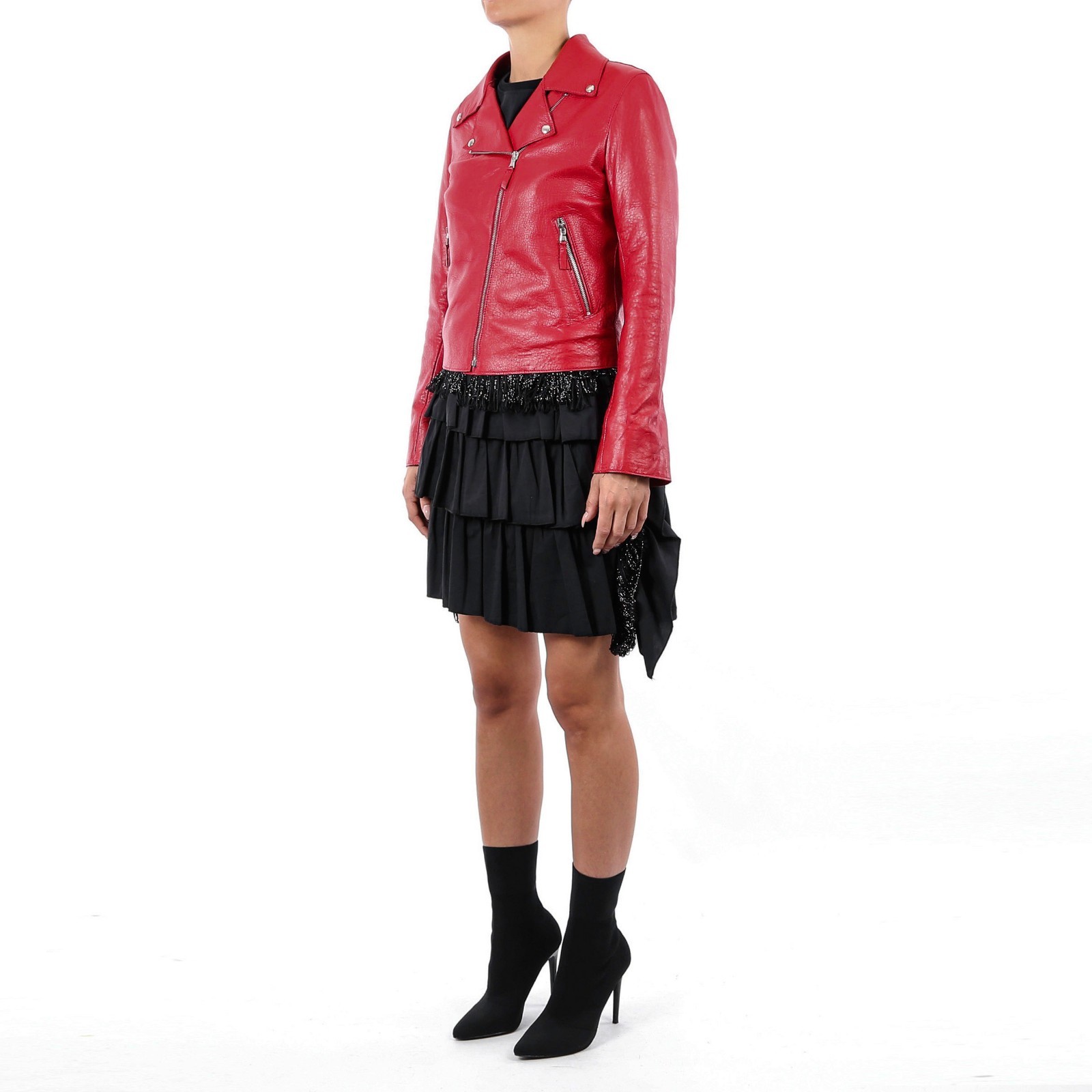 Pre-owned Handmade Italian  Women Genuine Lamb Leather Biker Jacket Grainy Red