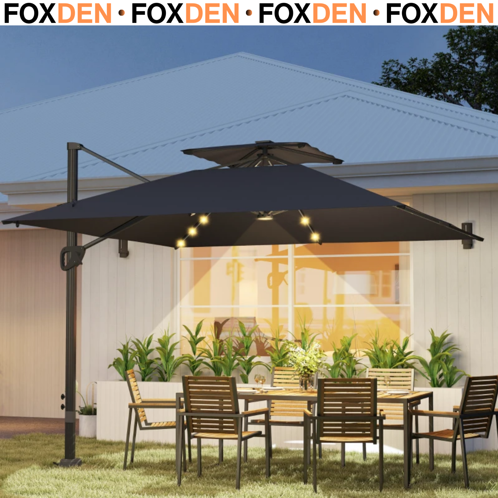 350L x 300W cm Aluminium Cantilever Parasol w/ LED Lights Crank Tilt UV50+ Black