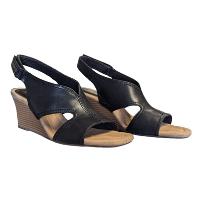 Clarks Kyarra Aster Black Leather Slingback Comfort Sandal Wedge Heel 10M