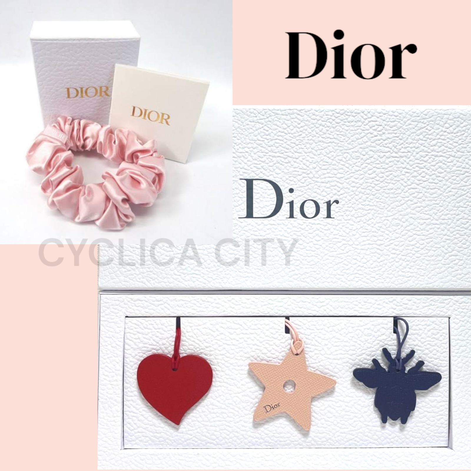 極美品✨Christian Dior Hair Rubber Pink CD Christian Dior Pink Hair tie Scrunchie & 3pcs Leather Bag