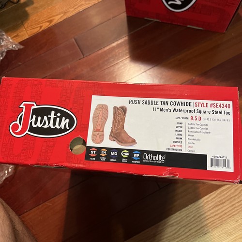 Pre-owned Justin Boots Justin Men's Rush Saddle Tan Cowhide 11” Men's Square Steel Toe Size 9.5d In Brown