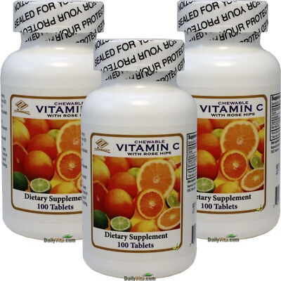 3 x Chewable Vitamin-C with Rose Hips 500 mg 100 Tabs Total 300 Tablets
