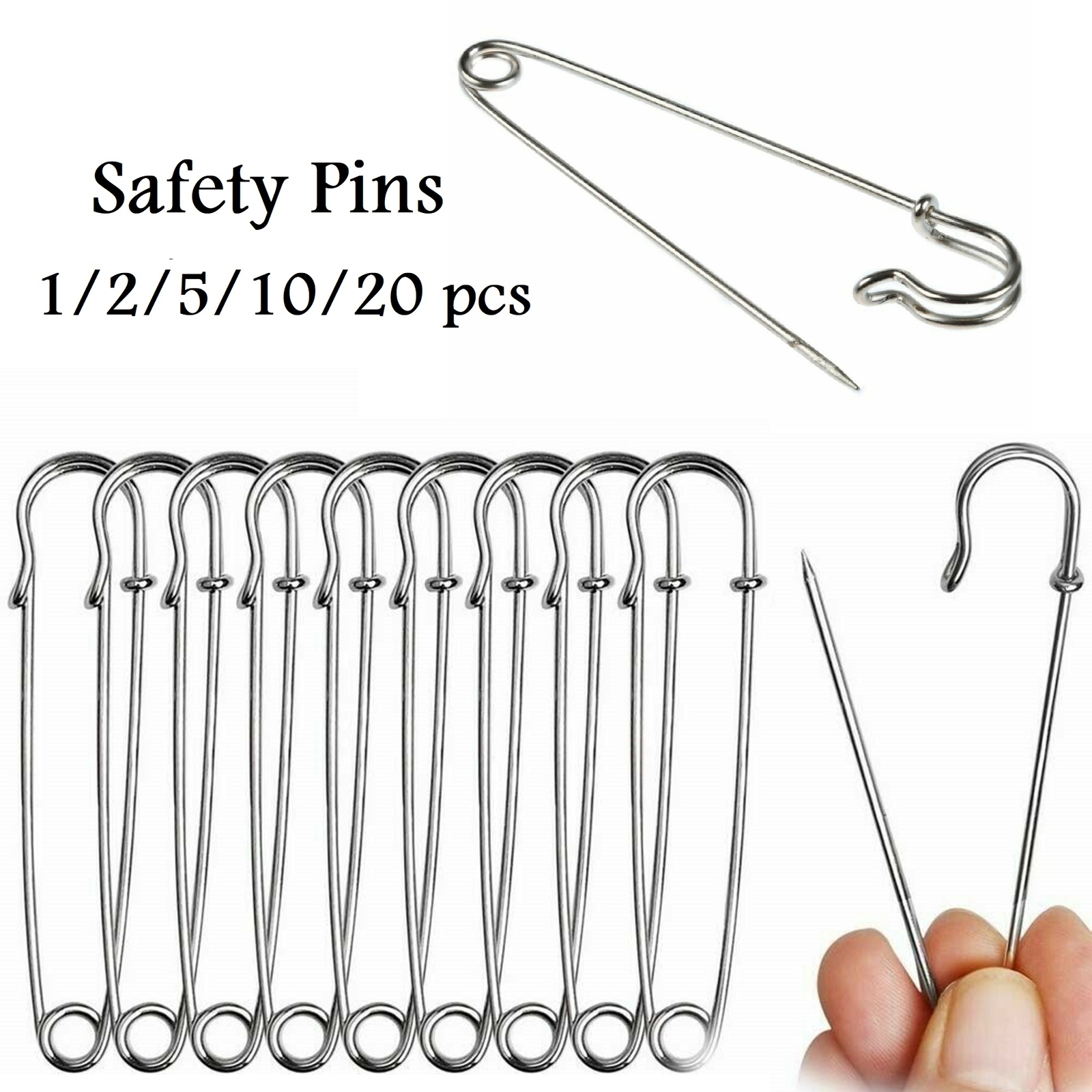 1-20x Steel Safety Pins Silver Large Size for Sewing Craft Dressmaking Garment