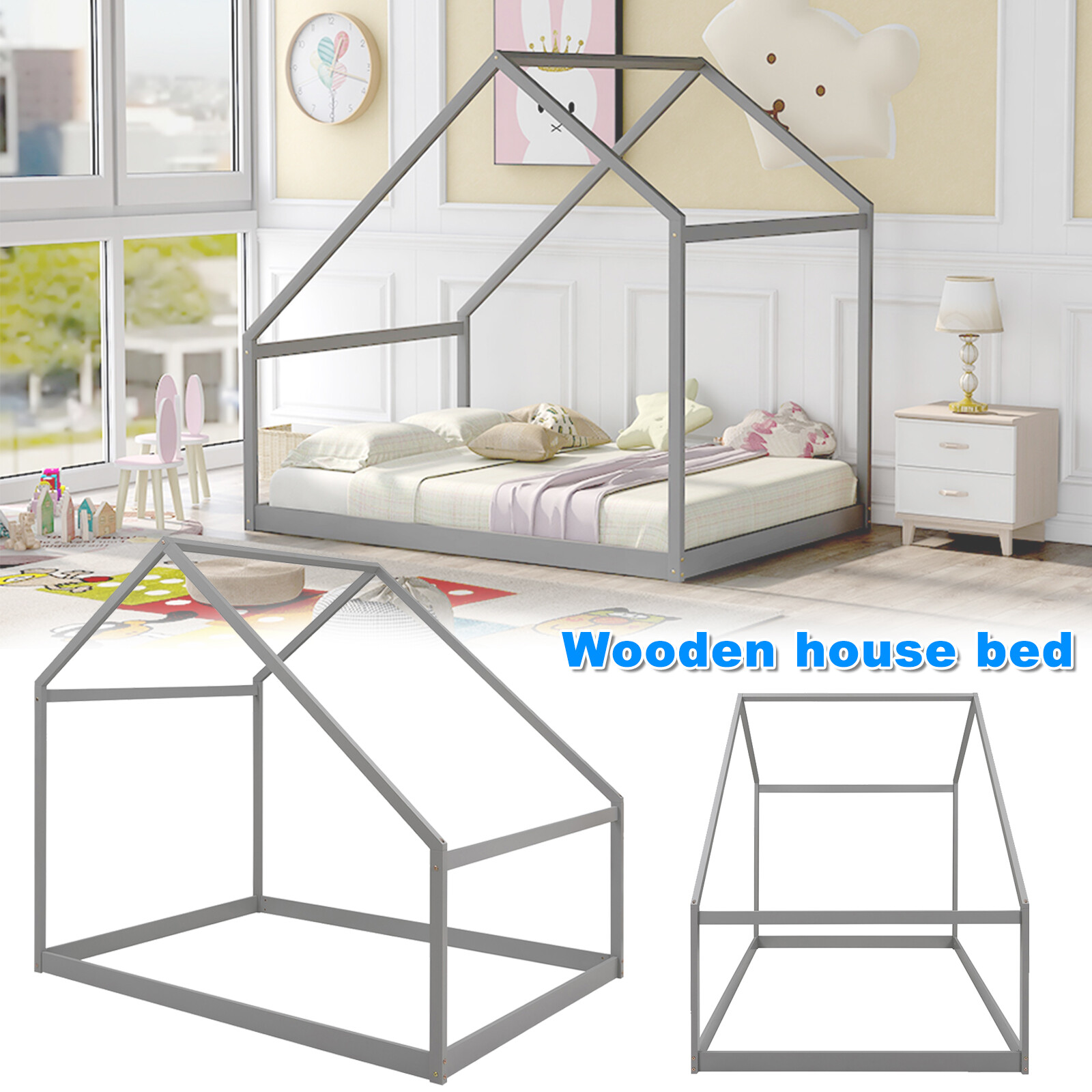 Gray Full Size Floor House Bed Wooden Platform Bed Frame For Kids Teens Bedroom