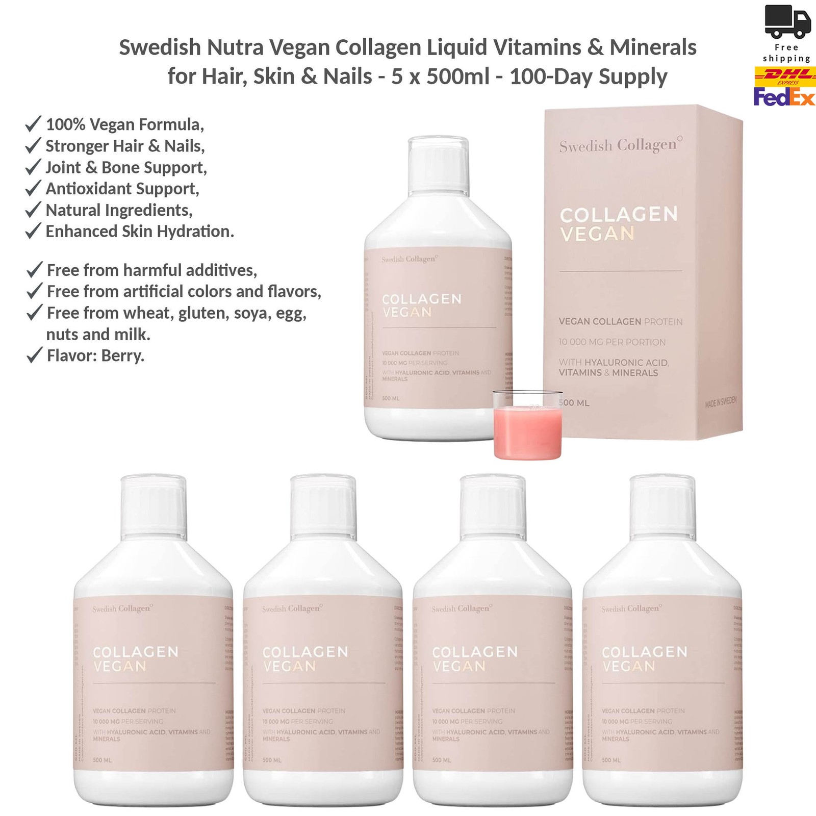 Swedish Nutra Vegan Collagen Drink Vitamins & Minerals for Hair, Skin 5x500ml