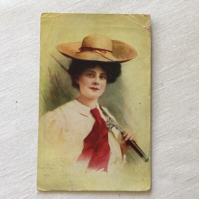 A Good Catch 1907 S S Porter Pretty Woman Fishing Rod Straw Hat PostCard