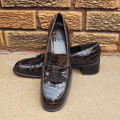 Stuart Weitzman Brown Crocodile Embossed Patent Leather