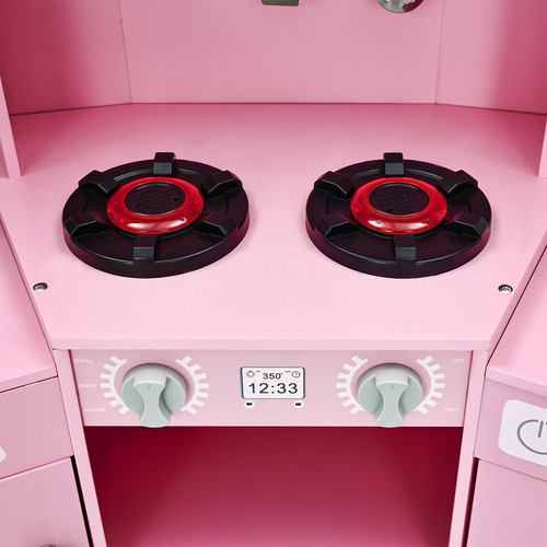 Kids Pretend Play Corner Kitchen Wooden Toy Set w/ Lights,Sounds Girls Gift Pink