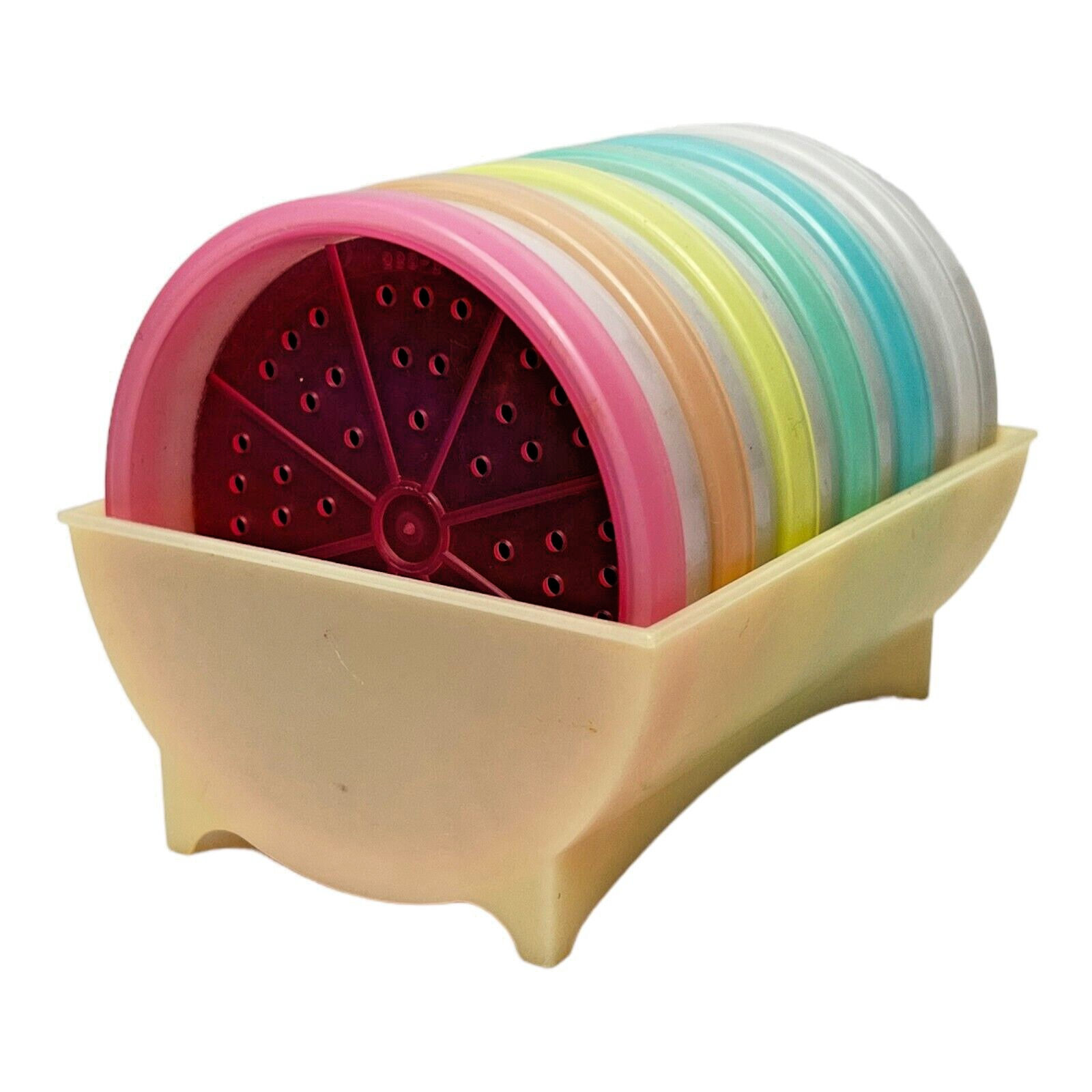 Vintage Tupperware #567-2 Wagon Wheel Coasters with Caddy Rack Set