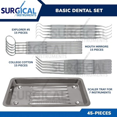 45 Basic Dental Set With Scaler Tray, Mouth Mirror, Explorer #5, Cotton Plier