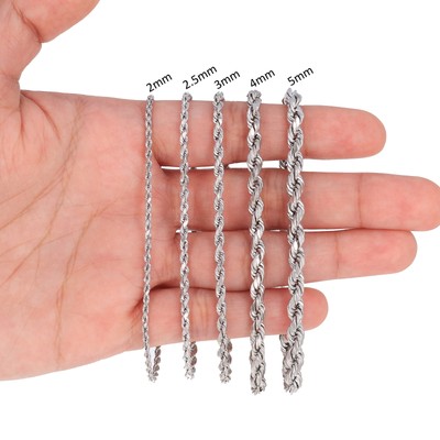 14K White Gold 1.5mm-5mm Diamond Cut Rope Chain Necklace Mens Womens 14"-30"
