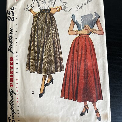 Vintage 1940s Simplicity 2309 Full Bias Cut Skirt 2 Length Sewing Pattern 28 CUT