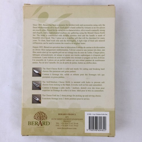 Berard Franc, Cheese Knife / Spreader 3 Piece Set, Olive Wood, Charcuterie New