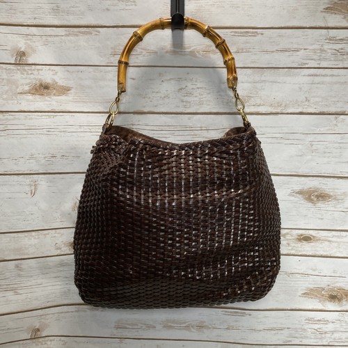 Large Gucci Bag Brown Leather Woven Bamboo vintage tote
