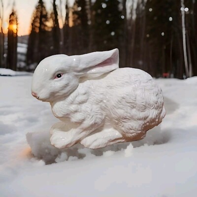 Vintage Large White Bunny Rabbit Ceramic Figurine Pink Eyes Easter