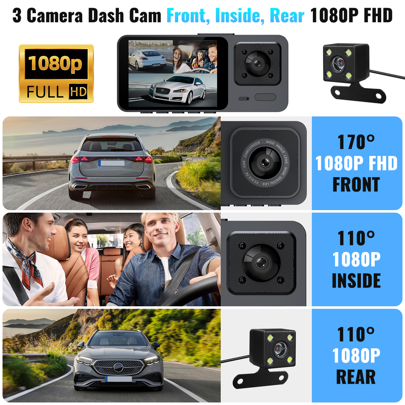 HD 1080P Car Dual Lens Dash Cam Front/Rear/Inside Video Recorder Camera G-sensor
