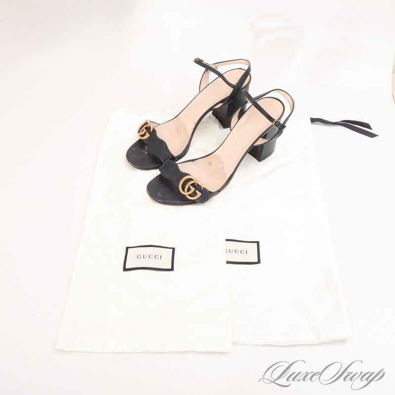 グッチ・マーモントGGパンプス・サイズ38 Gucci Made Italy Black Leather Scalloped Strap Marmont GG Chunky