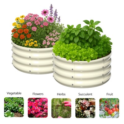 2 Pcs 2×2×1ft Raised Garden Bed, Round Galvanized Outdoor Planter Box
