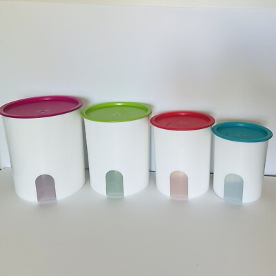 TUPPERWARE ONE TOUCH REMINDER CANISTER SET OF 4 w/COLORFUL LIDS -AIRTIGHT SEAL