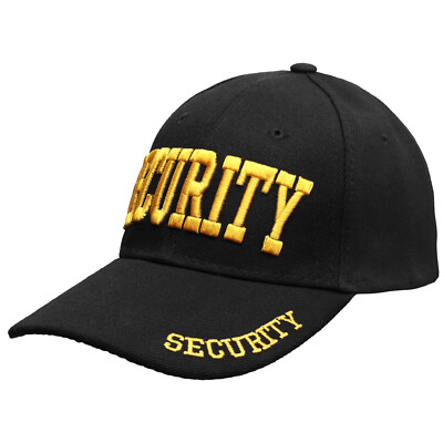 Security Hat Baseball Cap Gold White Embroidery Front Bill Back Adjustable Size