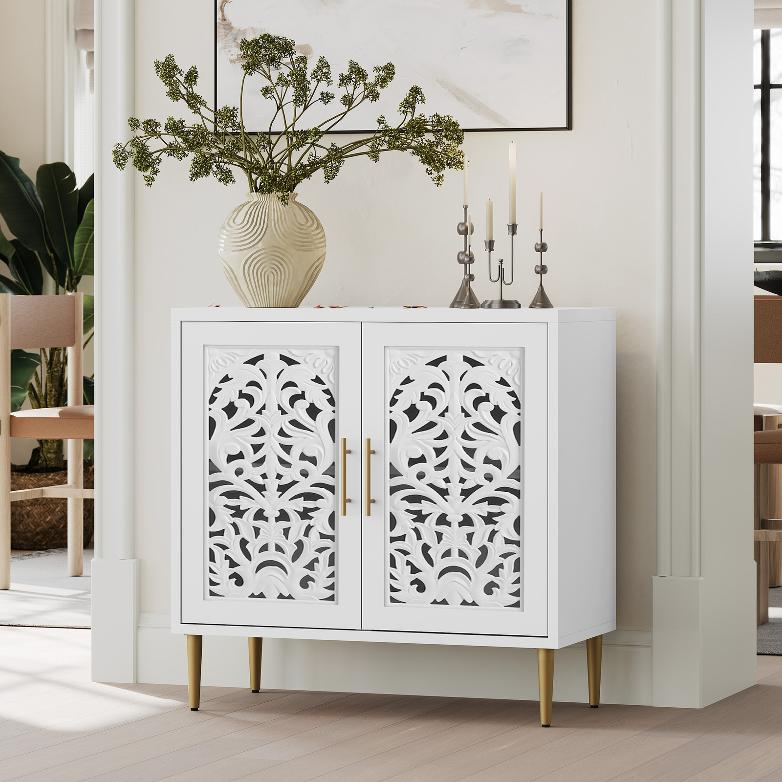 Accent Cabinet Sideboards with Doors Vintage Hollow Carving Buffet Cabinet White