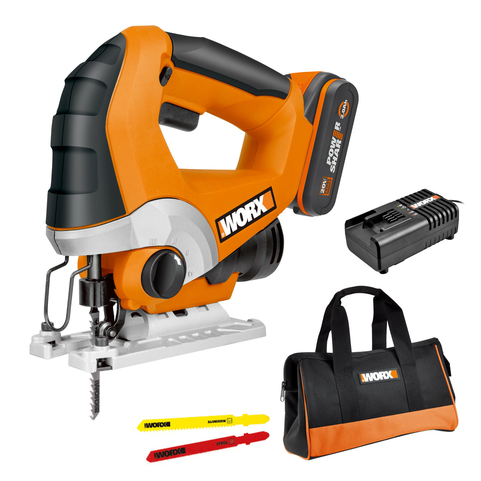 WORX WX548 Akku Stichsäge 20V Max Pendelhub Säge LED Licht Aluminium Bodenplatte