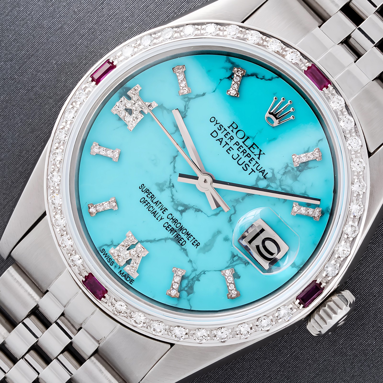 MENS ROLEX DATEJUST TURQUOISE MARBLE DIAMOND DIAL, 18K GOLD DIAMOND BEZEL WATCH