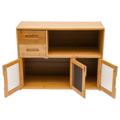 Bamboo Kitchen Countertop Cabinet Pantry Sideboard W/ Clear Striped Glass Doors 