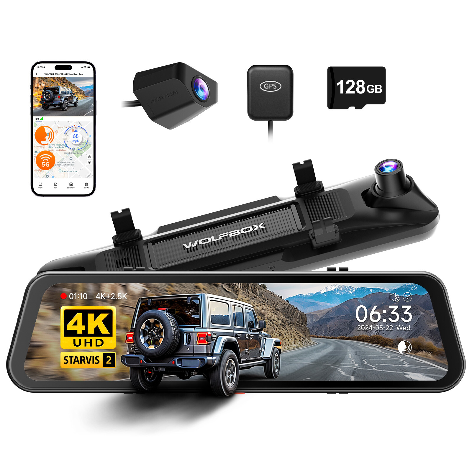 WOLFBOX G900Pro 12MP WiFi Touch Screen Rear View Mirror Dash Cam Smart Mirror