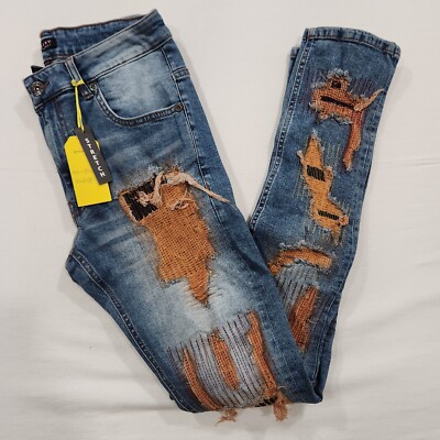 M.Society Men's Size 32X32 Stretch Skinny Fit Dark Blue Denim Distressed Jeans