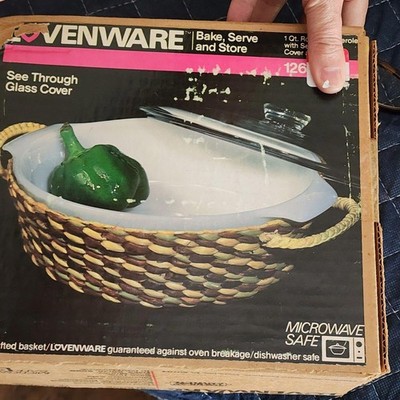 New VINTAGE Lovenware see through  glass cover 1 qt round casserole in basket 