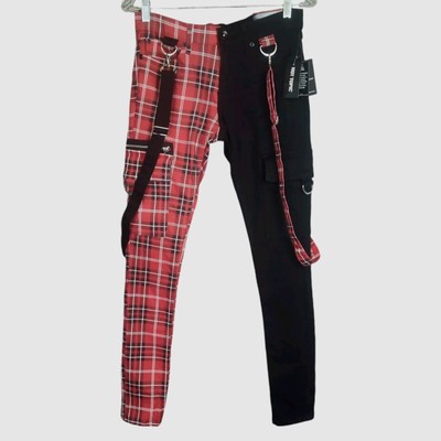 New Hot Topic,  Red Plaid Split Leg , Suspender Stinger Unisex Jeans  SZ 28x 30