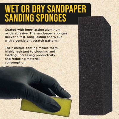 60 Grit 4-Sided Hand Sanding Block Sponges, 6/Box - 3.9" x 2.75" x 1" Wet or Dry