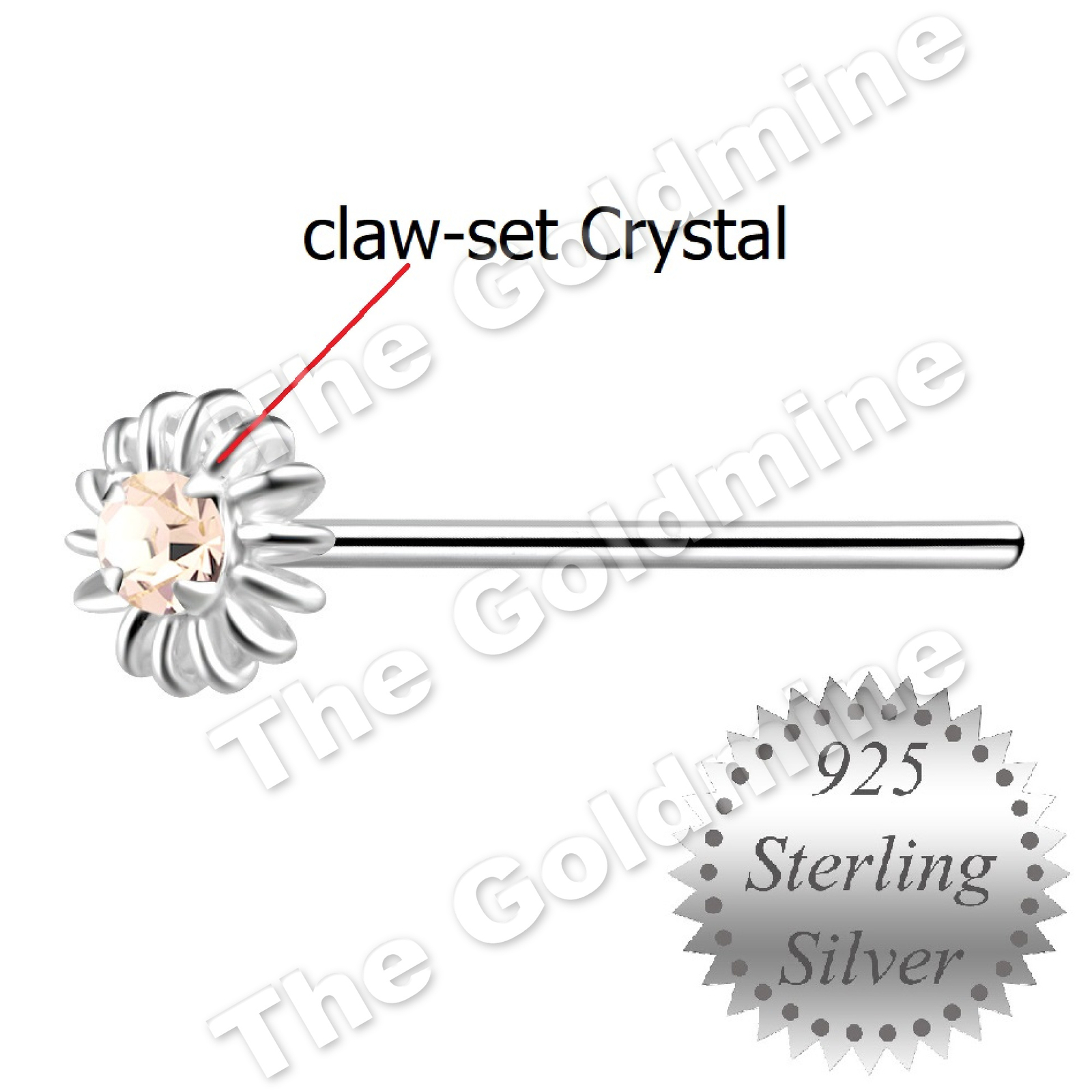 Lt Peach Claw-Set Crystal Flower Nose Stud * straight Pin * 925 Sterling Silver