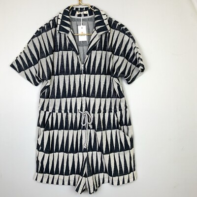 NWT Marine Layer Medium Black White Triangle Terry Out Short Sleeve Zip Romper