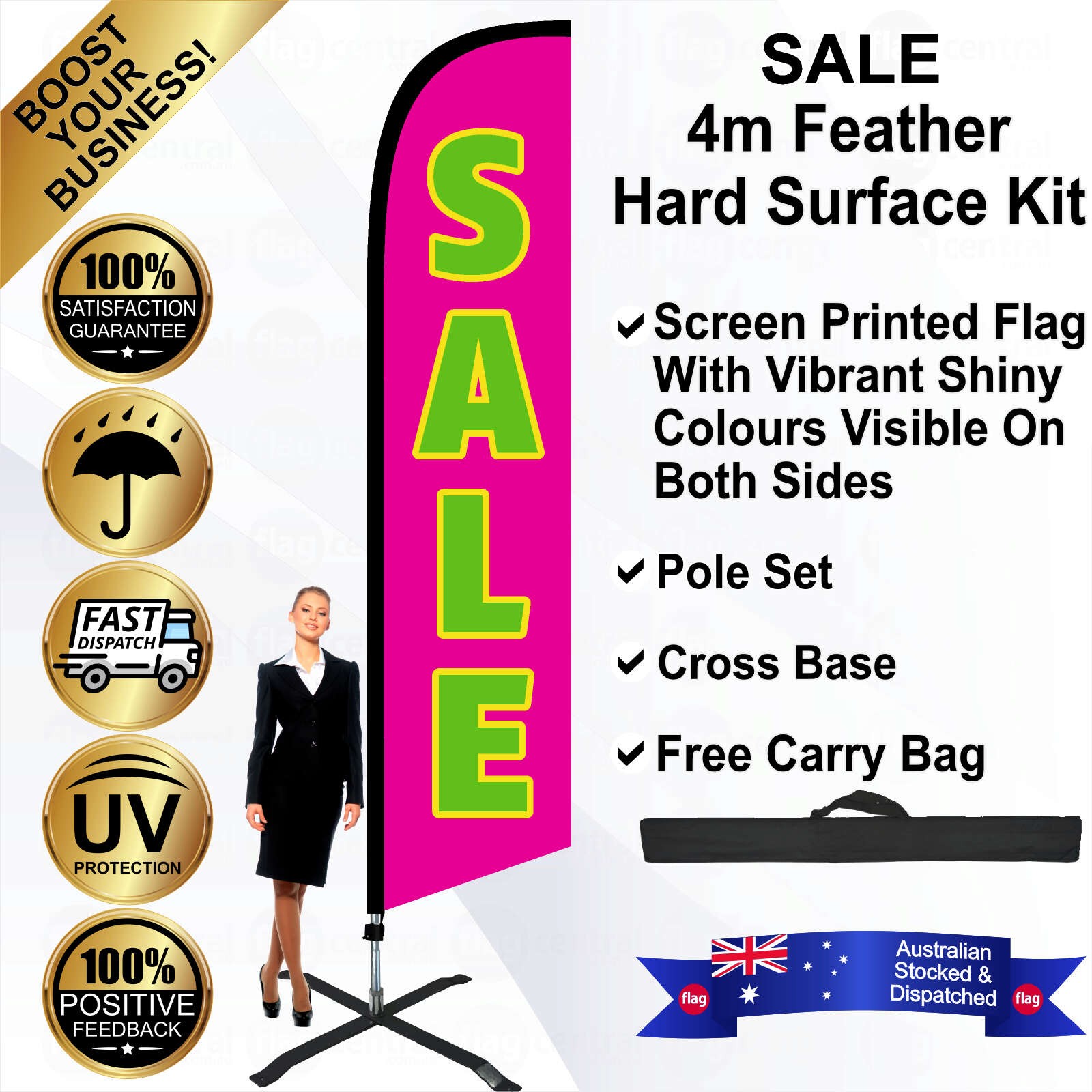 SALE Pink 4m Feather Flag / Banner Kit with Pole Set, Steel Outdoor Cross Base and a Free Carry Bag