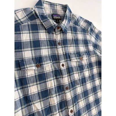 Patagonia Mens Organic Cotton Short Sleeve Plaid Button Down Shirt Blue White M