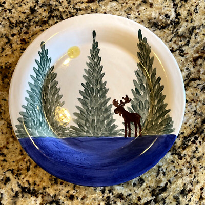 Vintage Shard Pottery Maine 11  Dinner Plate Moose Pine Trees Design