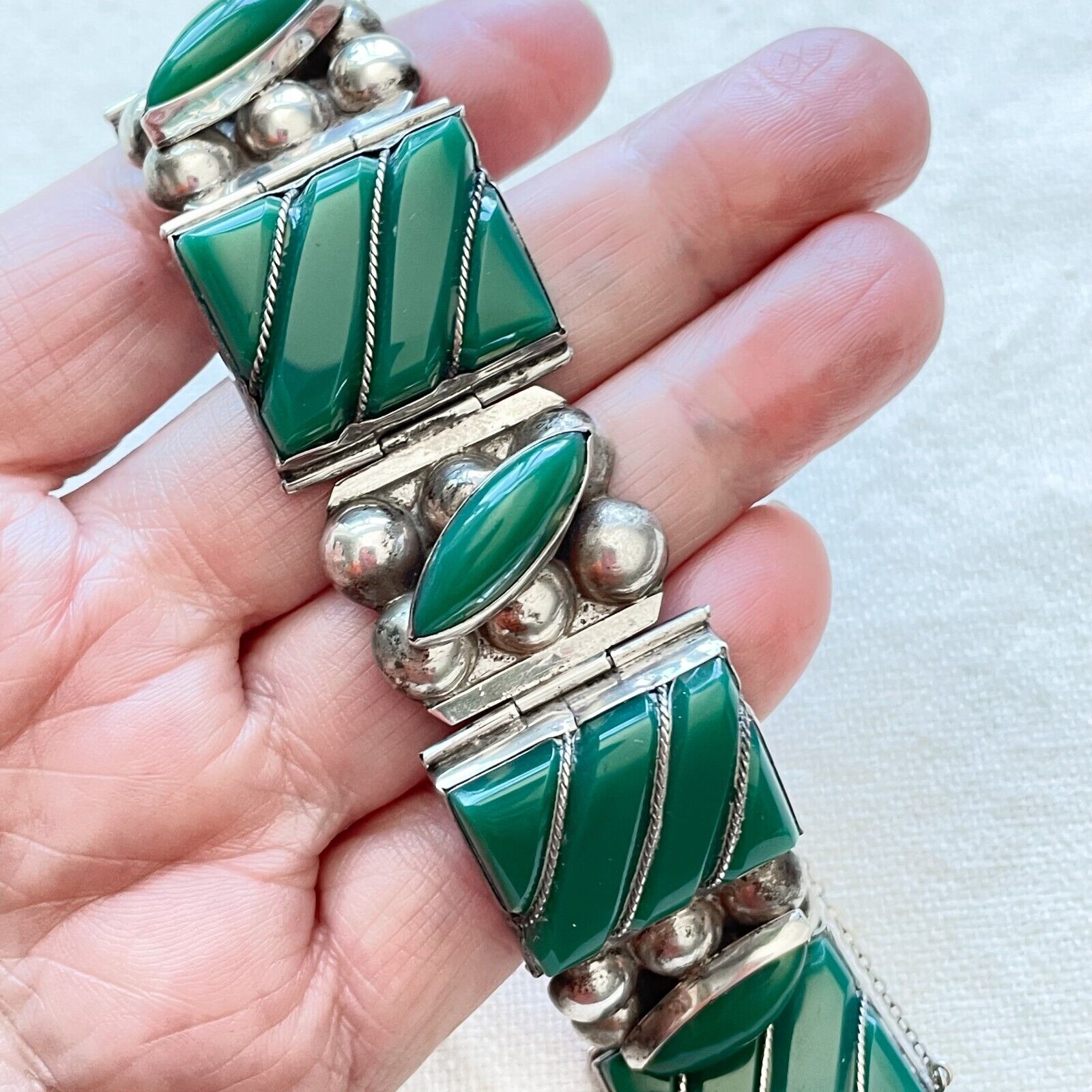Vintage 40s Mexican 925 Sterling Silver Bracelet + Green Vintage 40s Mexican 925 Sterling Silver Bracelet + Green