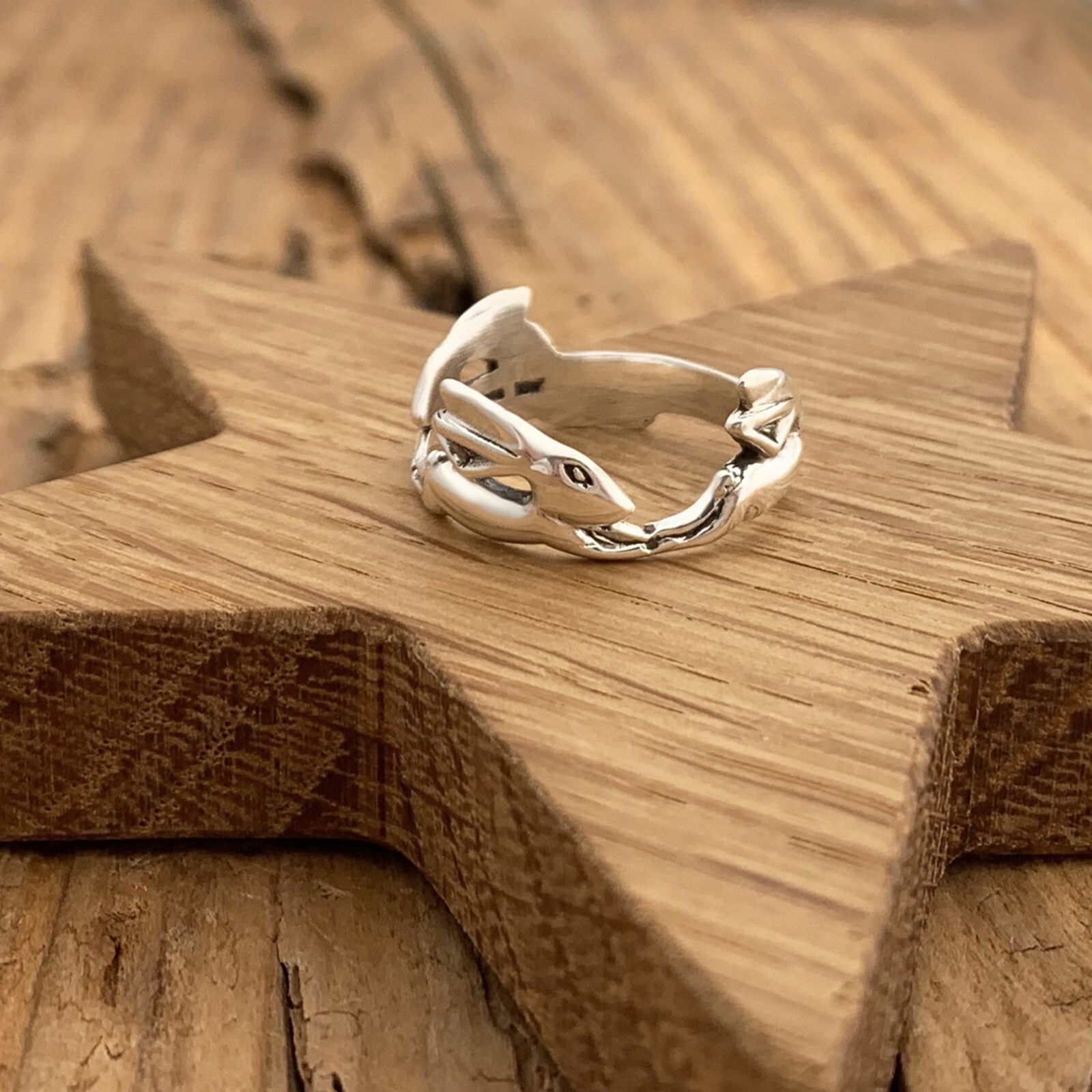 Three Running Hares Ring Sterling Silver Rabbit Bunny Hare
