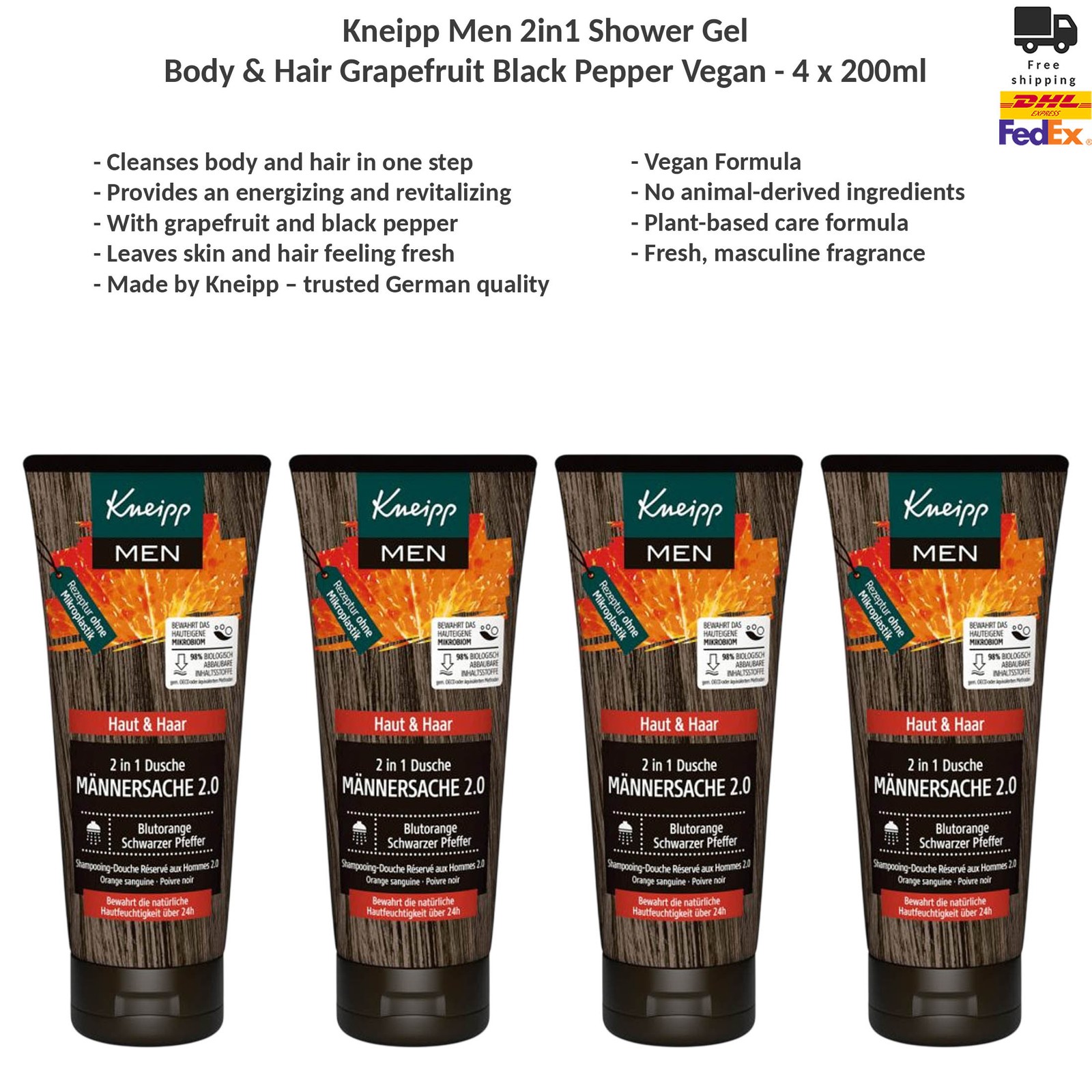 Kneipp Men 2 in 1 Shower Gel Body & Hair Grapefruit Black Pepper Vegan 4x200ml