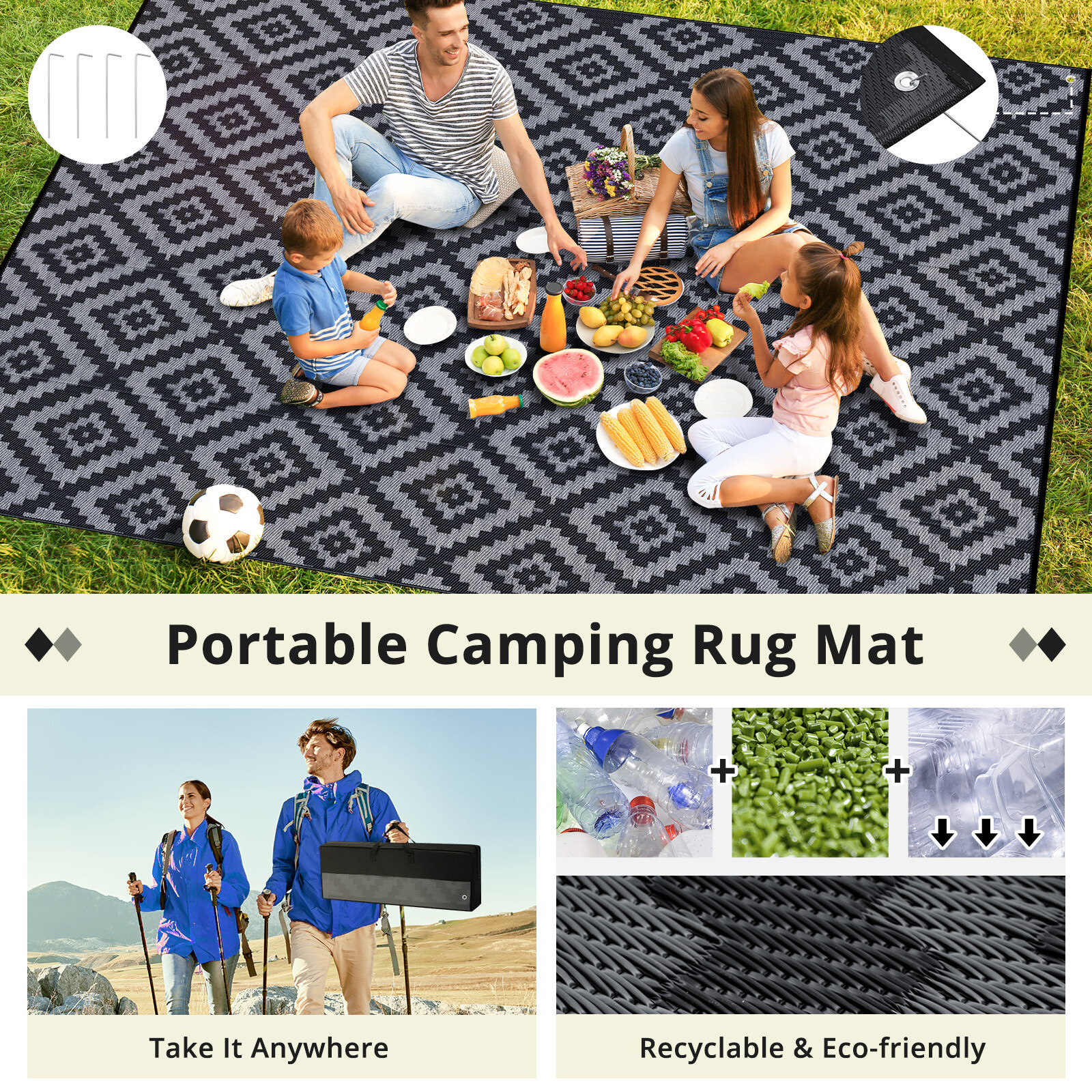 9x18' Large Mat Outdoor Rug Patio Deck RV Reversible Area Rug Camping Floor Mat
