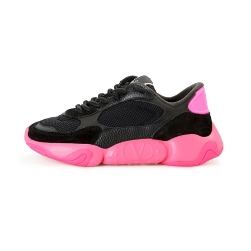 Pre-owned Valentino Garavani Men's Black Bubbleback Mesh And Suede Athletic Sneakers Shoes In Black/pink