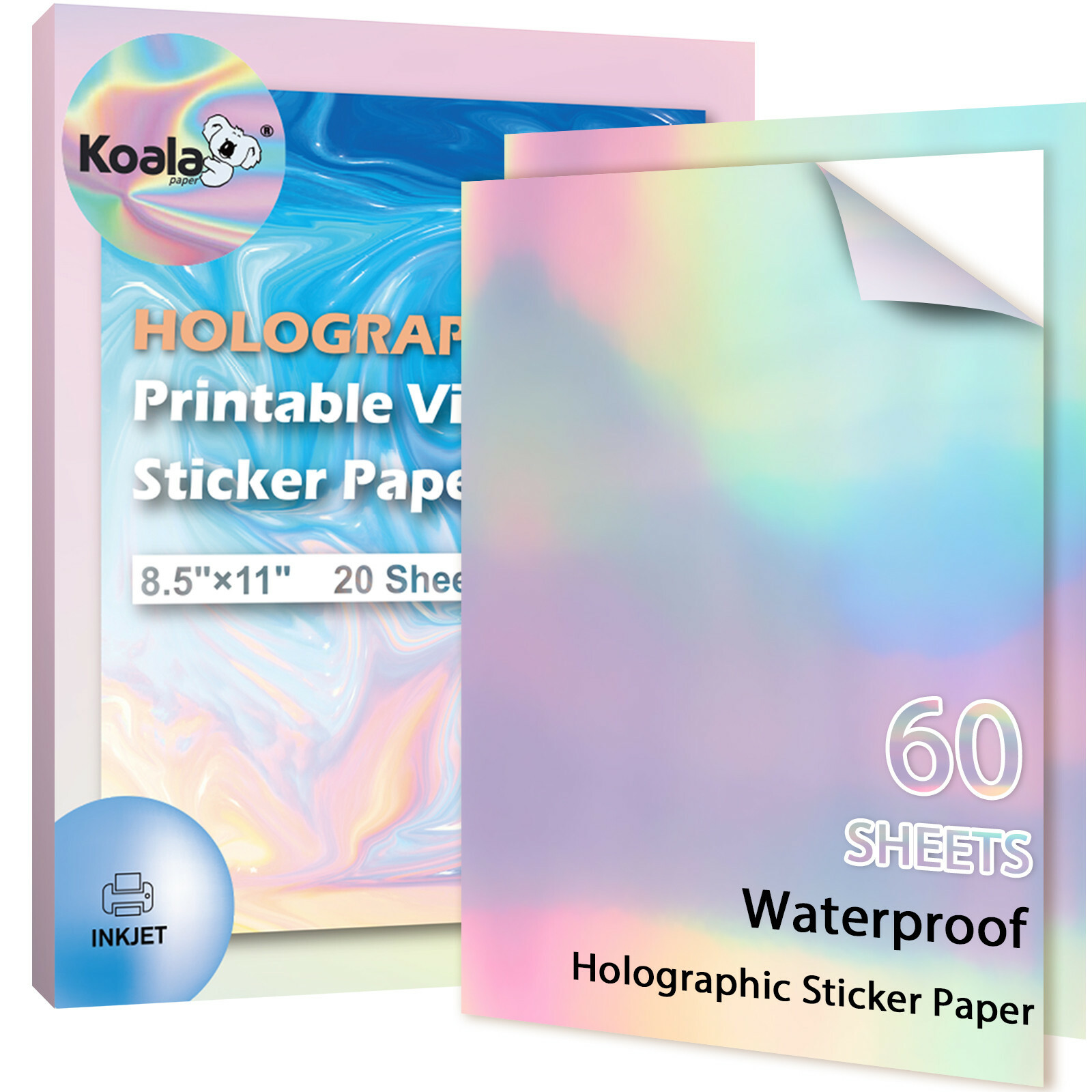 60 Koala Holographic Sticker Paper for Printer - Printable Vinyl Glossy Adhesive