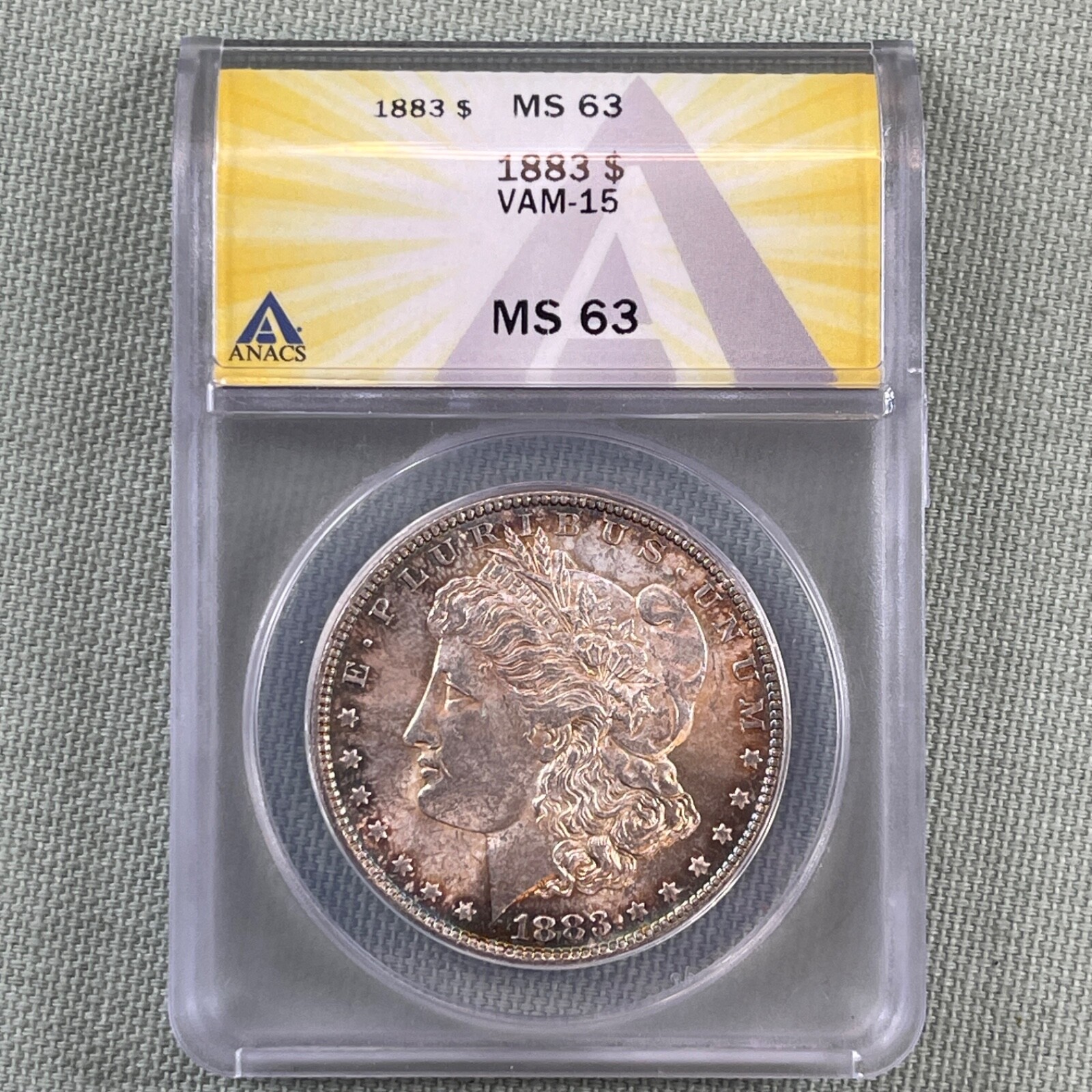 1883 $1 VAM-15 Morgan Silver Dollar Anacs MS 63 Golden Eagle