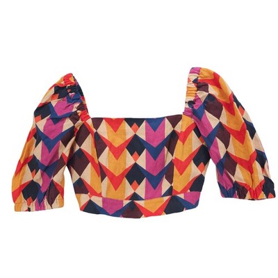 FARM Rio Lindeza Grafica Smocked 100% Linen Crop Top Geometric Puff Sleeve SMALL