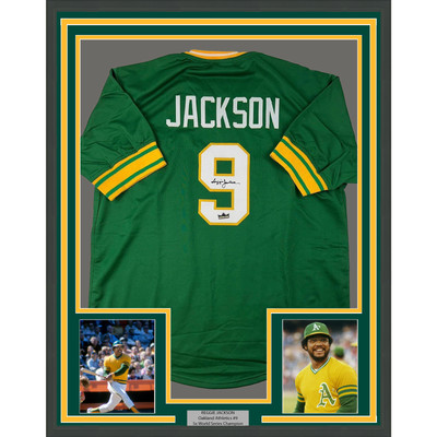 Framed Facsimile Autographed Reggie Jackson 35x39 Oakland Green Reprint Jersey