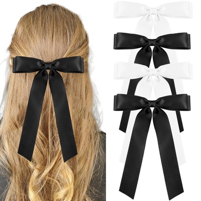 Hair Bow Clip 4Pcs French Style Satin Hair Bow with Long Tassel Black White
