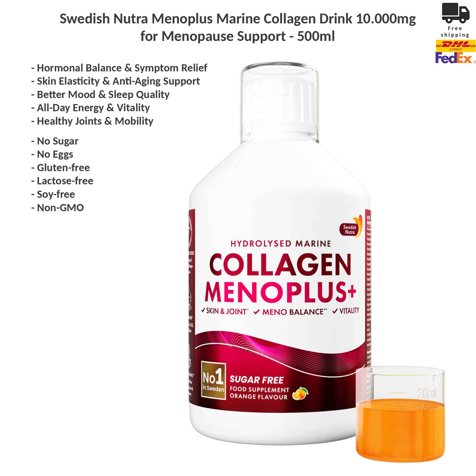Swedish Nutra Menoplus Marine Collagen Drink 10.000mg, Menopause Support 500ml